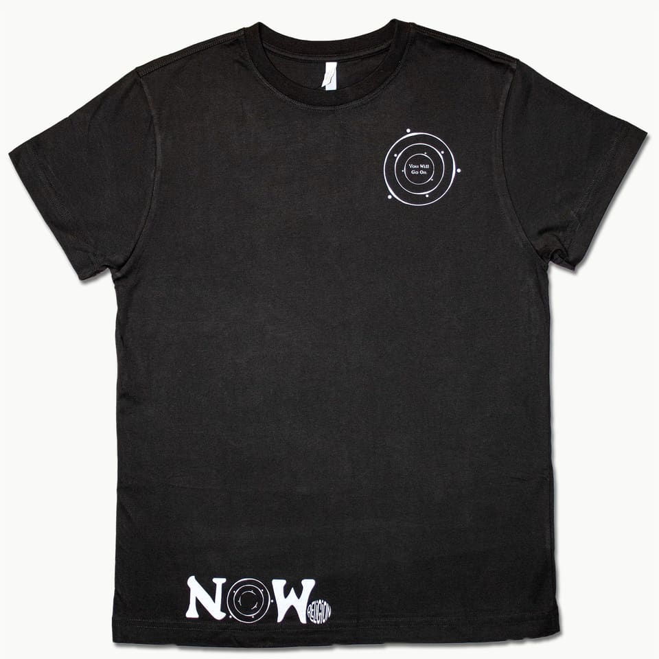 A black tee with a white chest print, as the builder shows it